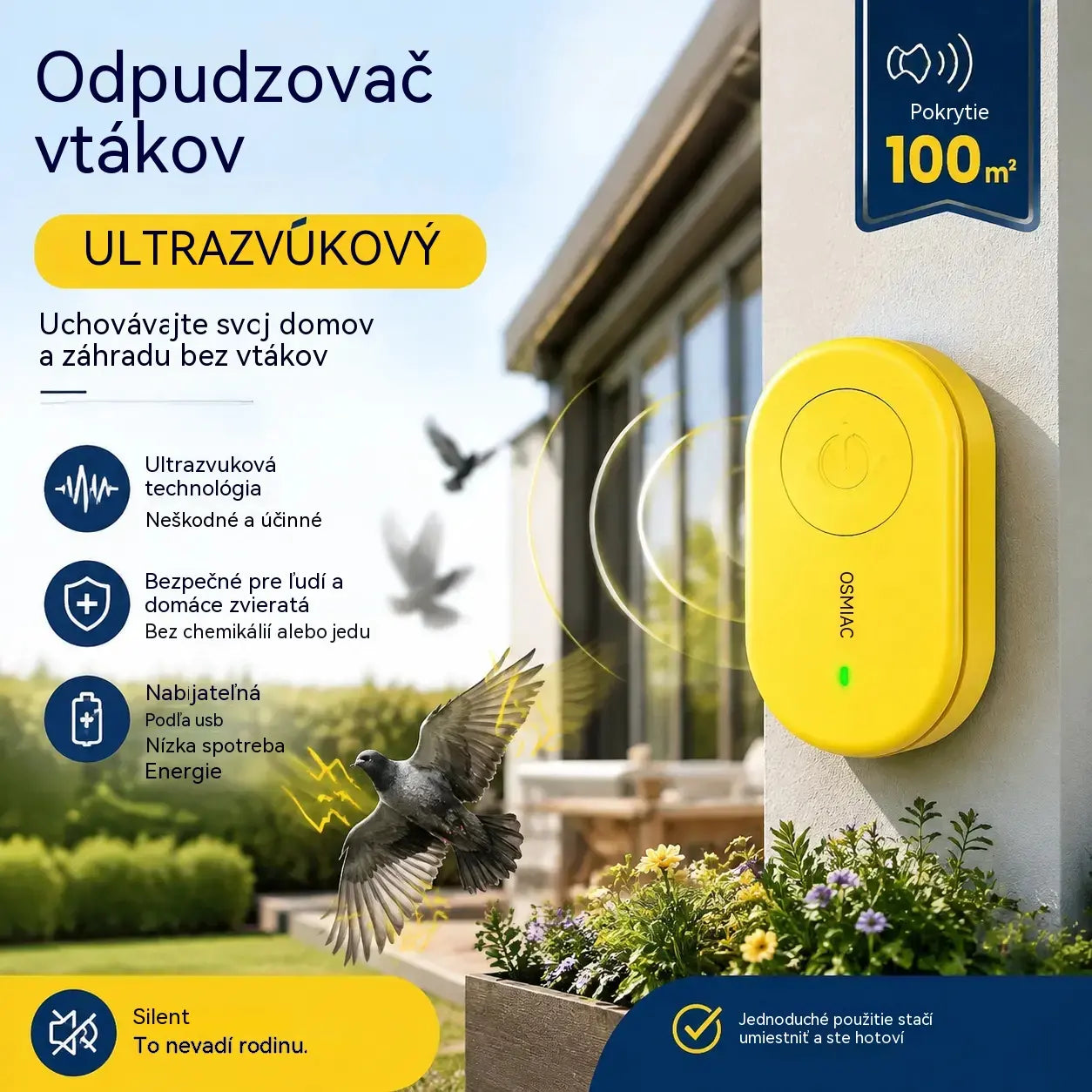🐦 Prenosný ultrazvukový odpudzovač vtákov | Automatický odpudzovač holubov, ideálny na balkóny, do záhrad a exteriéru