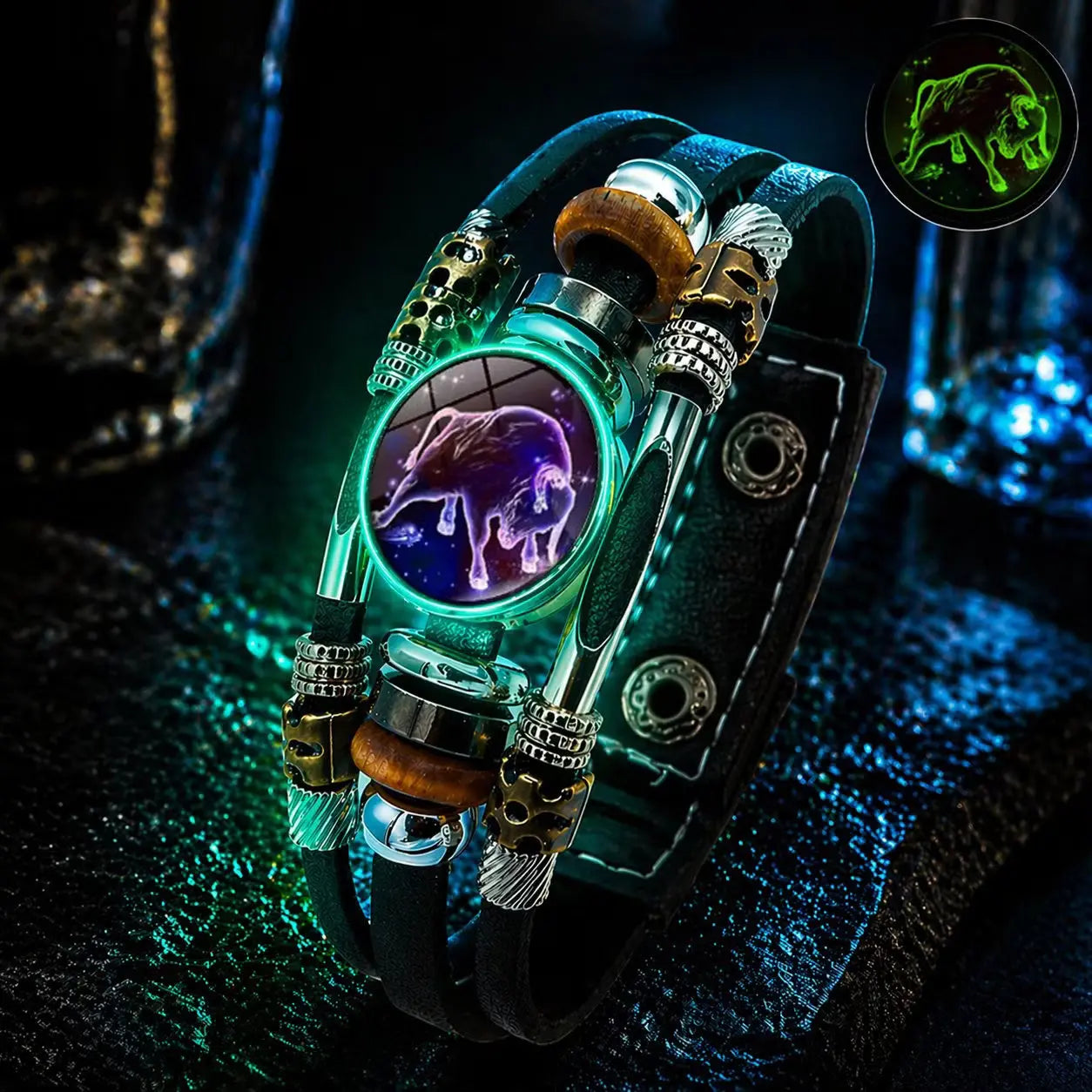 🌙 Luminiscenčný kožený náramok so zverokruhom – 3-vrstvový pletený, nastaviteľná dĺžka, unisex 💫✨