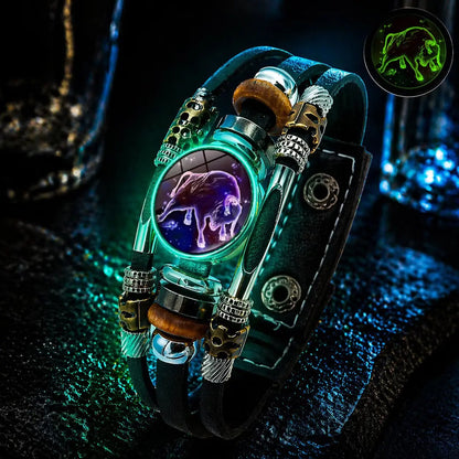 🌙 Luminiscenčný kožený náramok so zverokruhom – 3-vrstvový pletený, nastaviteľná dĺžka, unisex 💫✨