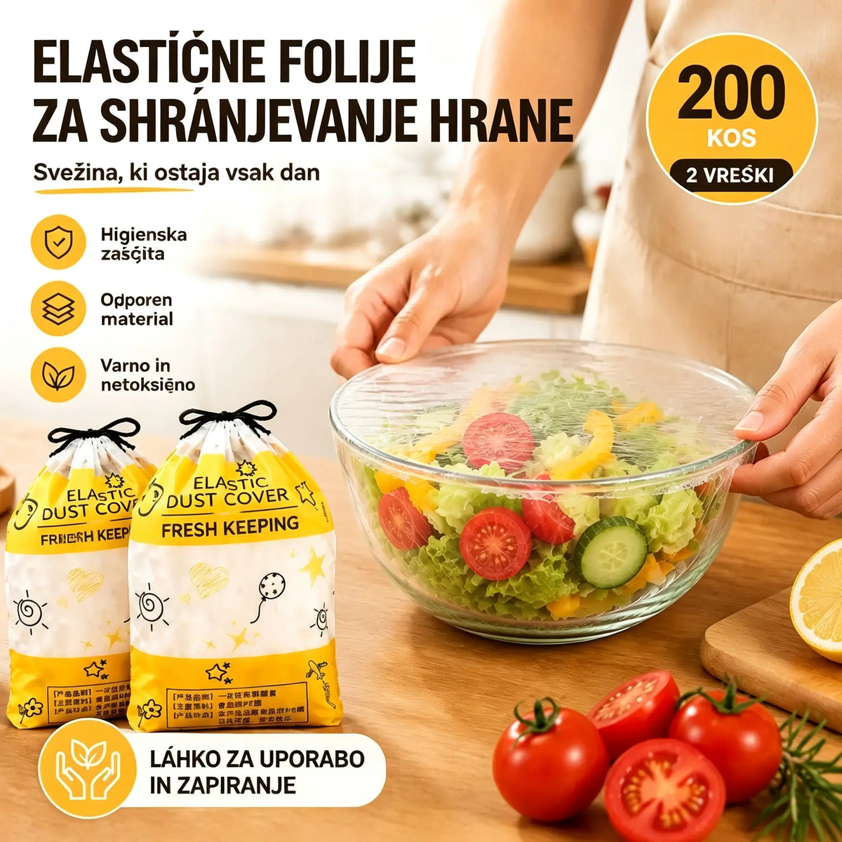 【200 kosov】Prozorna folija za enkratno uporabo, idealna za posode in hrano. Popolnoma se prilega, zagotavlja dobro tesnjenje in je enostavna za uporabo.