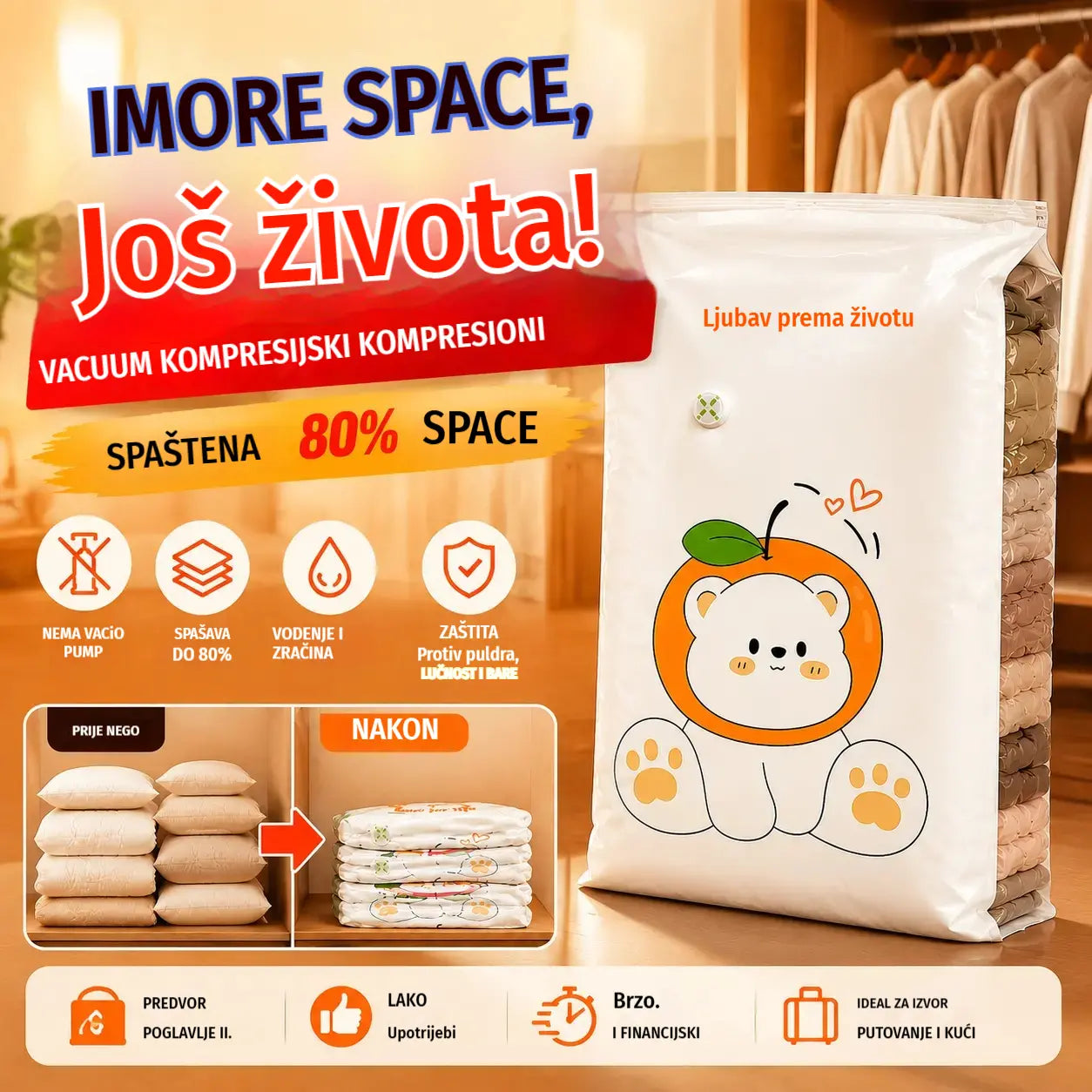 ✨🗃️ Set od 5 💨 Velike kompresibilne vrećice za pohranu: Nije potrebna zračna pumpa, nepropusne, idealne za uštedu prostora u koferu i kod kuće ✈️