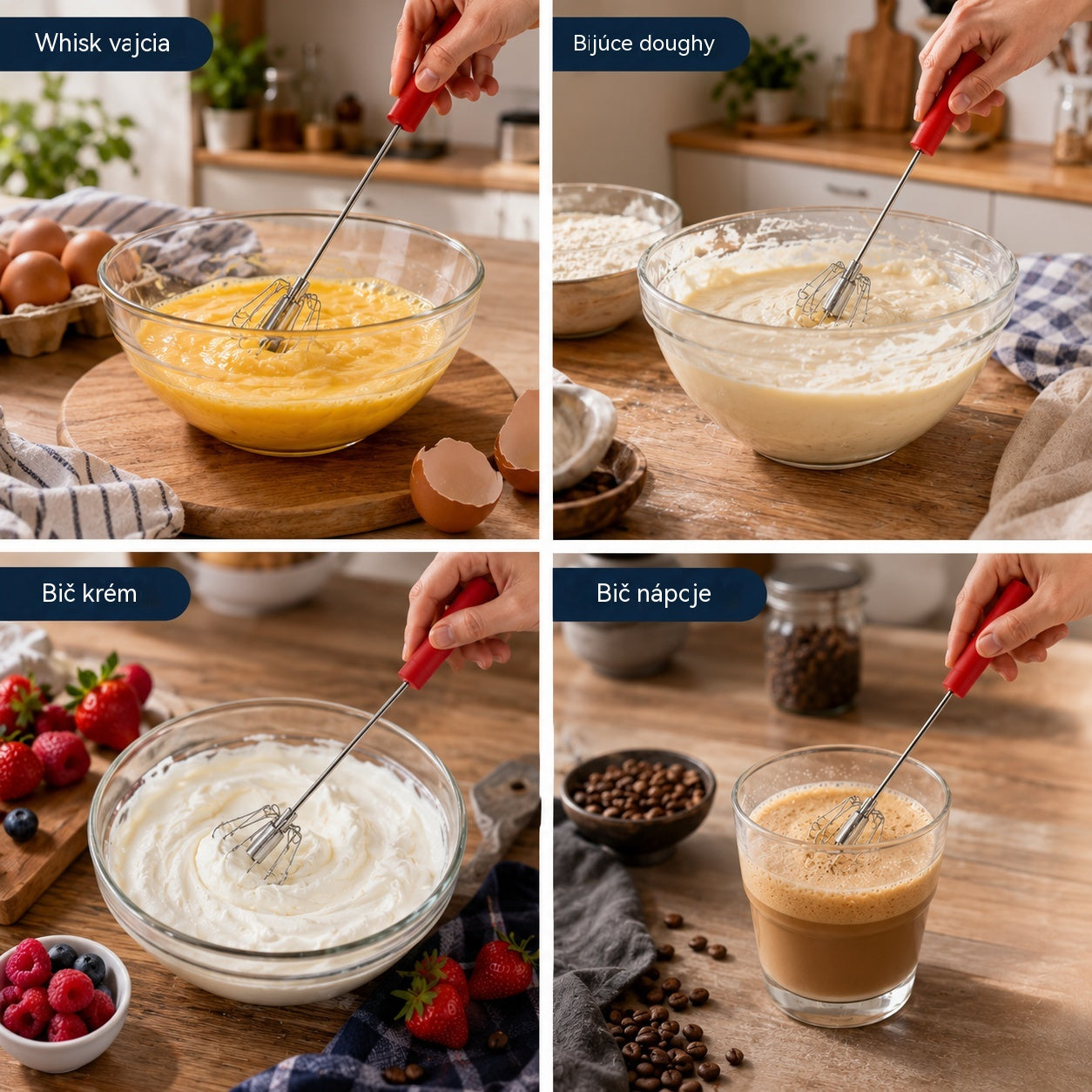 🥳Kúpte 1, získajte 1 zadarmo🥳💞50% zľava!🥚💪  Poloautomatická manuálna metlička na vajcia: stlačte a roztočte – nie je potrebná elektrina. Vyšľahá vajcia a šľahačku za pár sekúnd. Šetrná k vašim zápästiam! ✨🧁