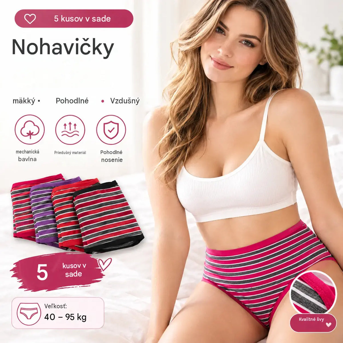 💖【10 ks】🆕🩲 Dámske bavlnené spodné prádlo s vysokým pásom a pruhmi - pohodlná veľká veľkosť (40-95 kg)
