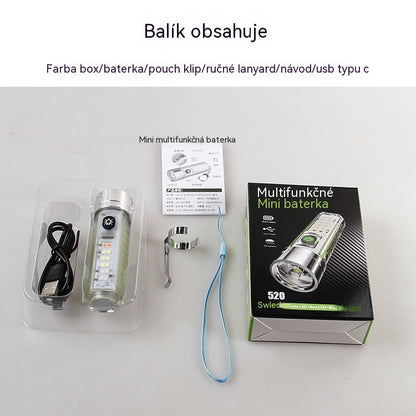 👍👍Kompaktné svietidlo s vysokou intenzitou svetla, multifunkčným bočným svetlom, rýchlym nabíjaním cez USB-C, prenosnosťou a dlhou výdržou batérie.