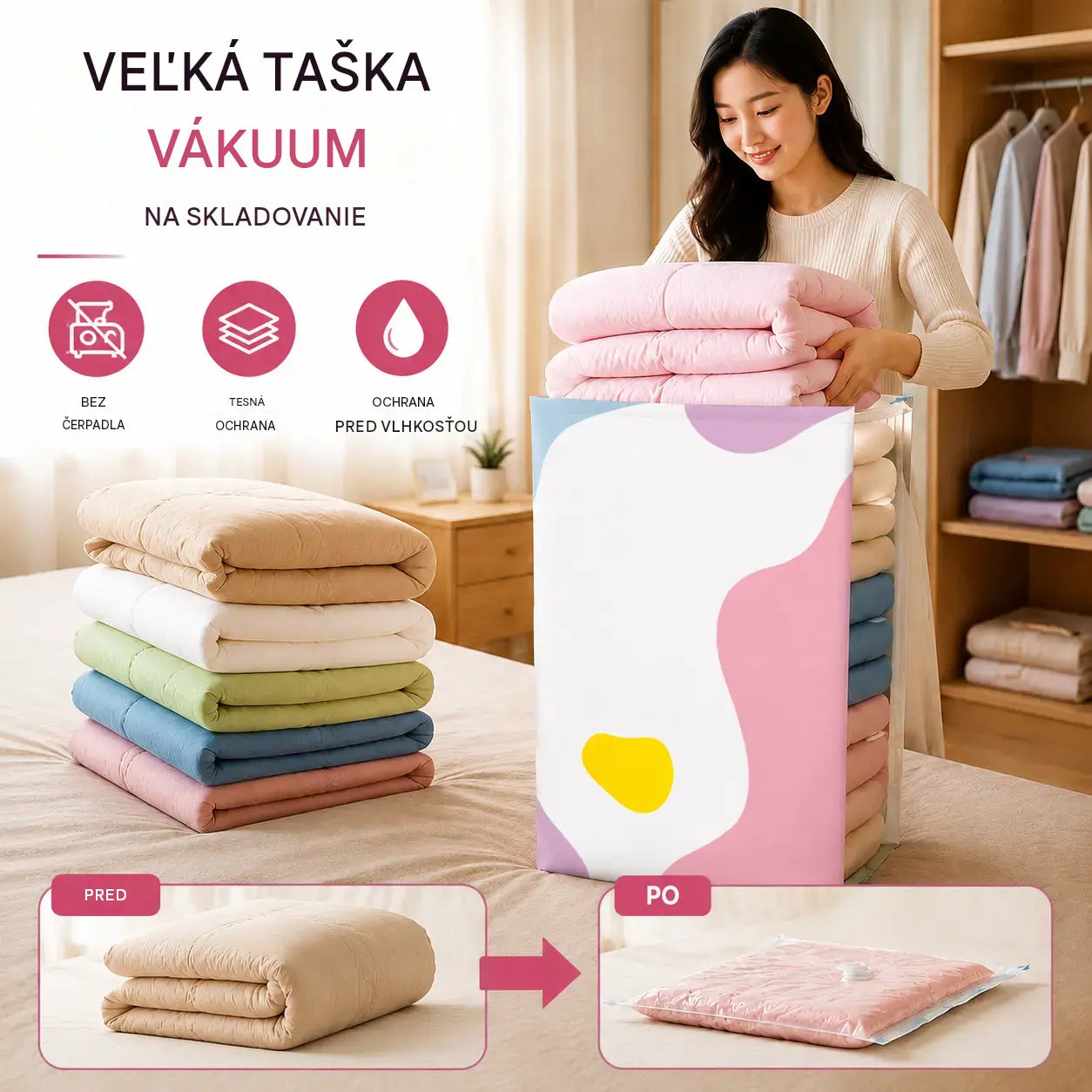 🧳【5-dielna sada】💨 Veľké, stlačiteľné vákuové úložné vrecko: nevyžaduje pumpičku, je nepriepustné a ideálne na úsporu miesta v kufri a doma ✈️