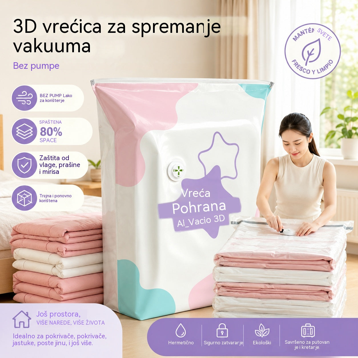 🧳【Set od 5 dijelova】💨 Velika, stlačiva vakuumska vrećica za pohranu: nije potrebna pumpa, nepropusna je i idealna za uštedu prostora u koferima i kod kuće ✈️