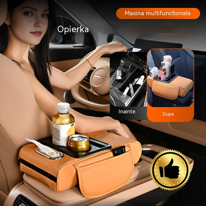 🚗Univerzálna kožená podložka na lakťovú opierku do auta 4 v 1 ✅ Vstavaná schránka na vreckovky ✅ Držiak pohára