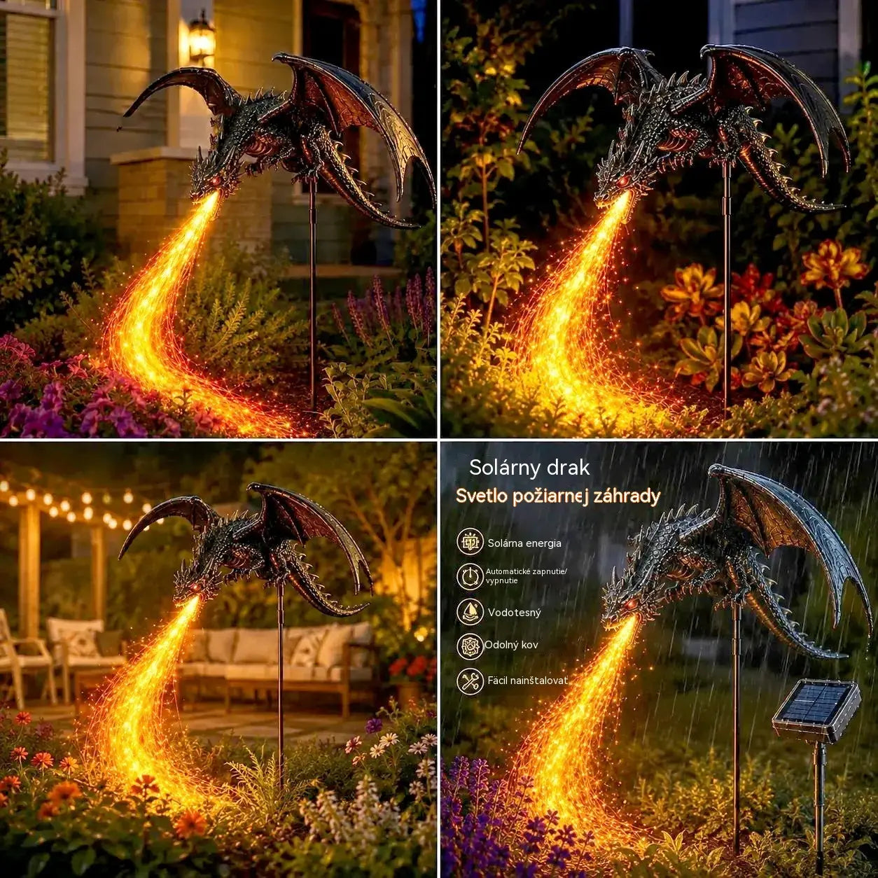 Nový produkt: Dekoratívna záhradná lampa v tvare ohnivého draka napájaná solárnou energiou.
