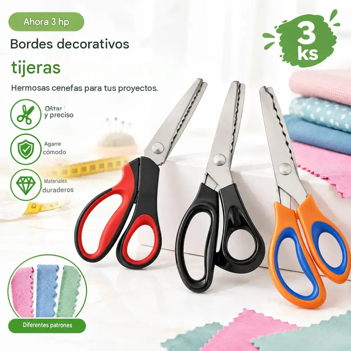 Tijeras profesionales dentadas, adecuadas para costura, manualidades y proyectos de bricolaje cotidianos.