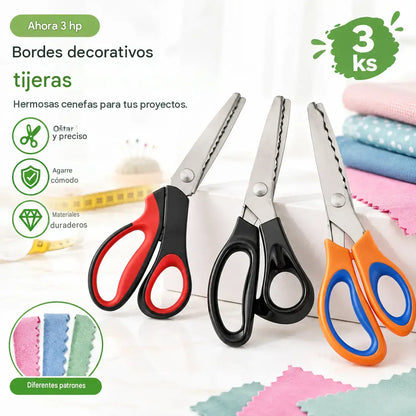 Tijeras profesionales dentadas, adecuadas para costura, manualidades y proyectos de bricolaje cotidianos.