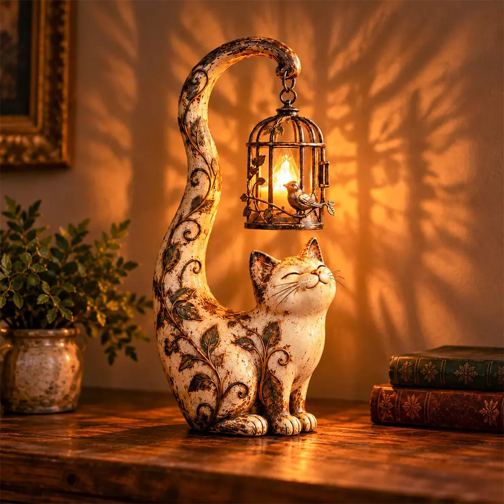 🐱💡Nočné svetlo v štýle vintage – mačka s vtáčou klietkou – kreatívna záhradná dekorácia