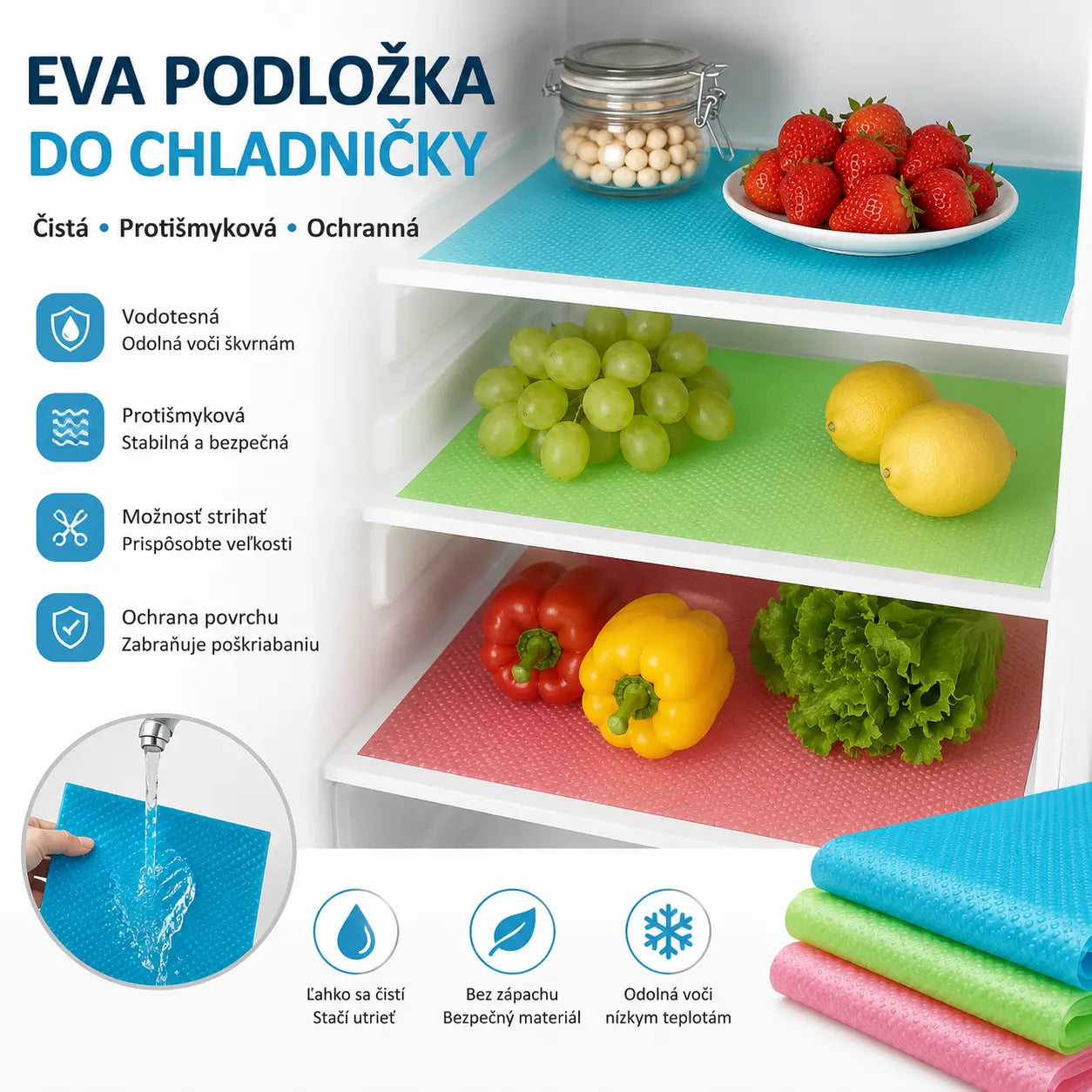 (8 listov) 45 cm * 29 cm 🧊 Vodotesná podložka do chladničky – protišmyková, ľahko sa čistí, bezpečná pre potraviny – udržiava police chladničky čerstvé a upratané ✨