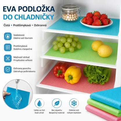 (8 listov) 45 cm * 29 cm 🧊 Vodotesná podložka do chladničky – protišmyková, ľahko sa čistí, bezpečná pre potraviny – udržiava police chladničky čerstvé a upratané ✨