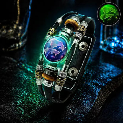 🌙 Luminiscenčný kožený náramok so zverokruhom – 3-vrstvový pletený, nastaviteľná dĺžka, unisex 💫✨