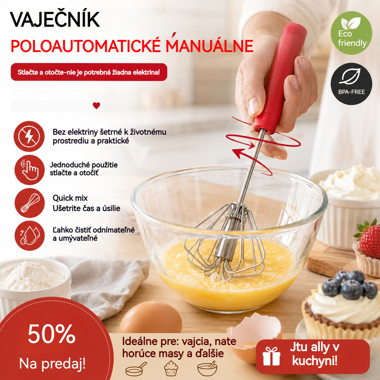 🥳Kúp 1 a získaj 1 zadarmo! 🥳💞Predaj prekročil 50 000 kusov! 🥚💪50% zľava! Poloautomatický manuálny šľahač na vajíčka: Jednoducho stlačte a otočte, nevyžaduje elektrinu. Vyšľahá vajíčka a šľahačku za pár sekúnd. Chráni vaše zápästia! ✨🧁