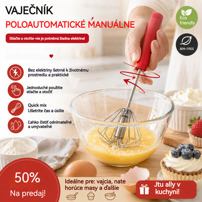 🥳Kúp 1 a získaj 1 zadarmo! 🥳💞Predaj prekročil 50 000 kusov! 🥚💪50% zľava! Poloautomatický manuálny šľahač na vajíčka: Jednoducho stlačte a otočte, nevyžaduje elektrinu. Vyšľahá vajíčka a šľahačku za pár sekúnd. Chráni vaše zápästia! ✨🧁