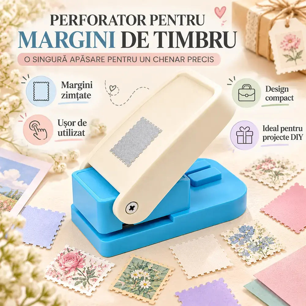 ✂️ Dierovač na okraje známok · Jedným stlačením vytvoríte presný okraj · Odolný kovový mechanizmus · Ideálny na scrapbooking, blahoželania a fotoalbumy!