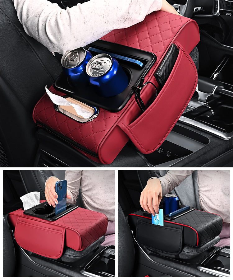🚗Univerzálna kožená podložka na lakťovú opierku do auta 4 v 1 ✅ Vstavaná schránka na vreckovky ✅ Držiak pohára