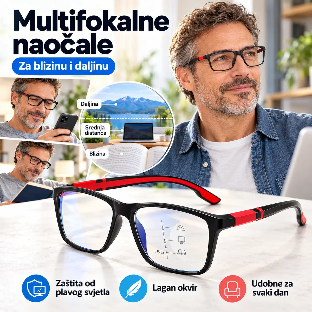 Nove, moderne, sportskog stila multifokalne naočale za čitanje: neklizajuće, fotoosjetljive naočale dizajnirane za starije osobe, pogodne i za blisku i za daleku vidljivost.
