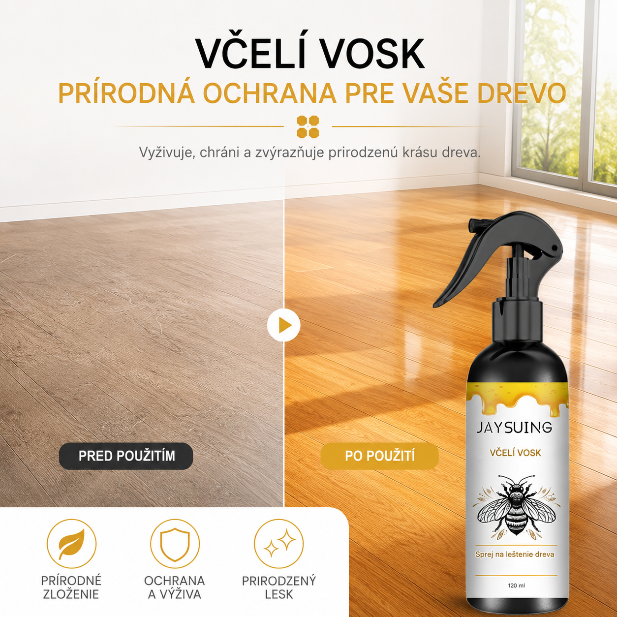 🍯 Leštiaci sprej na drevo s včelím voskom na údržbu nábytku a prevenciu prasklín.