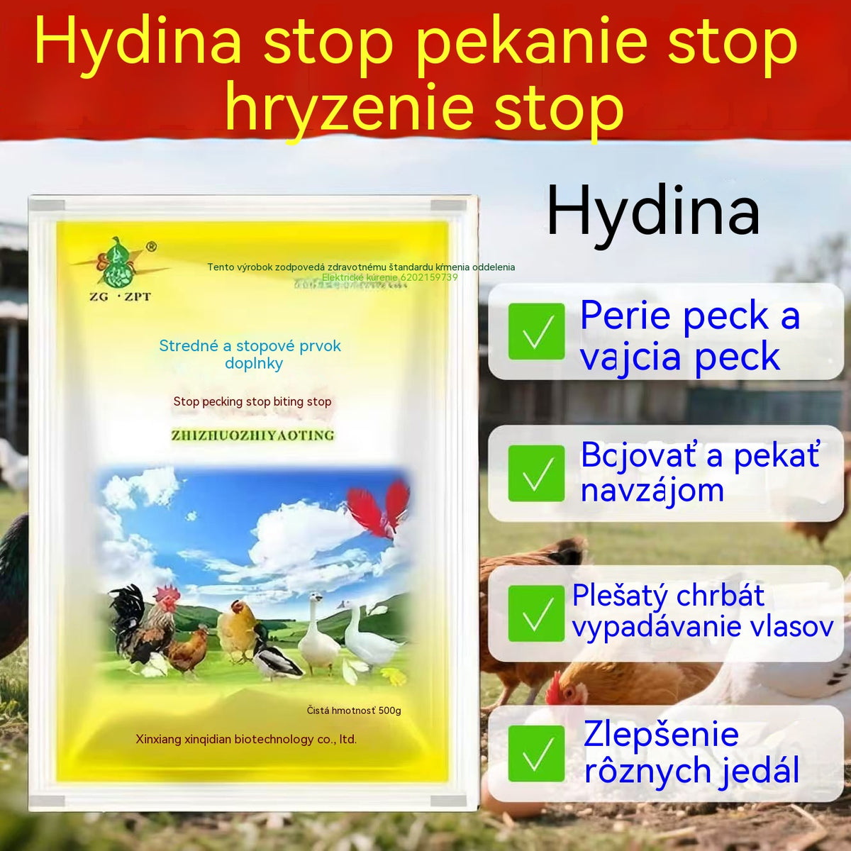 🐔【500g】Veterinárny doplnok stopových prvkov proti klovaniu, vhodný pre sliepky, kačice, husi a tie, ktoré klujú pri vetracom otvore, perie alebo vajciach.