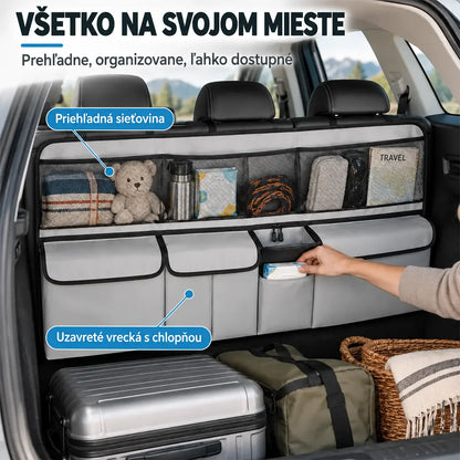 Závesný organizér do kufra auta – rozmery 105 x 51 cm, uvoľní podlahu kufra, kompatibilný s SUV a rodinnými autami, farby čierna a sivá.