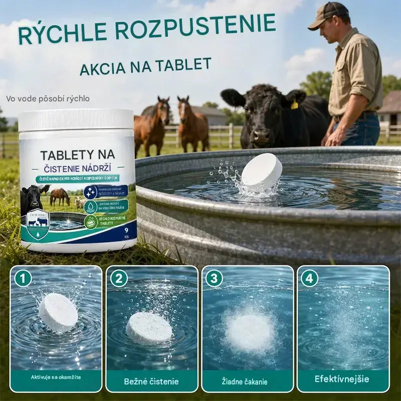 Rýchlo rozpustné tablety na čistenie nádrží na vodu pre hospodárske zvieratá