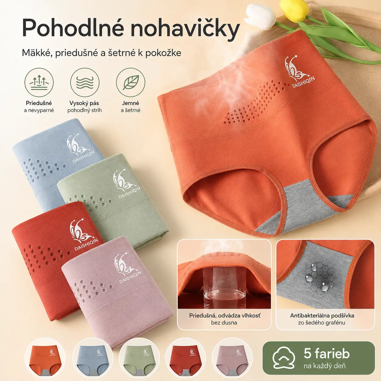 ✨🩲1 sada (5 kusov) --- 💥Dámske bavlnené nohavičky s vysokým pásom vo veľkých veľkostiach