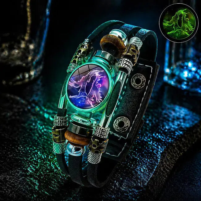 🌙 Luminiscenčný kožený náramok so zverokruhom – 3-vrstvový pletený, nastaviteľná dĺžka, unisex 💫✨
