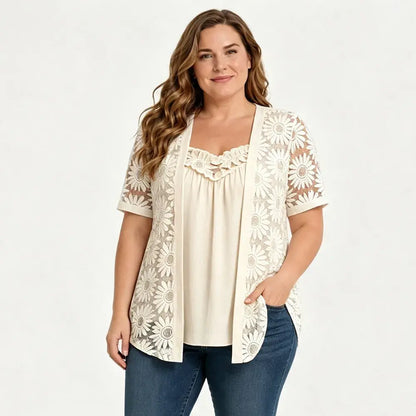 👚 Elegantné blúzky s efektom 2 v 1 s čipkou a sieťovinou – zoštíhľujúci strih proti brušku, 5 farieb, veľkosti S-4XL! 🌸✨