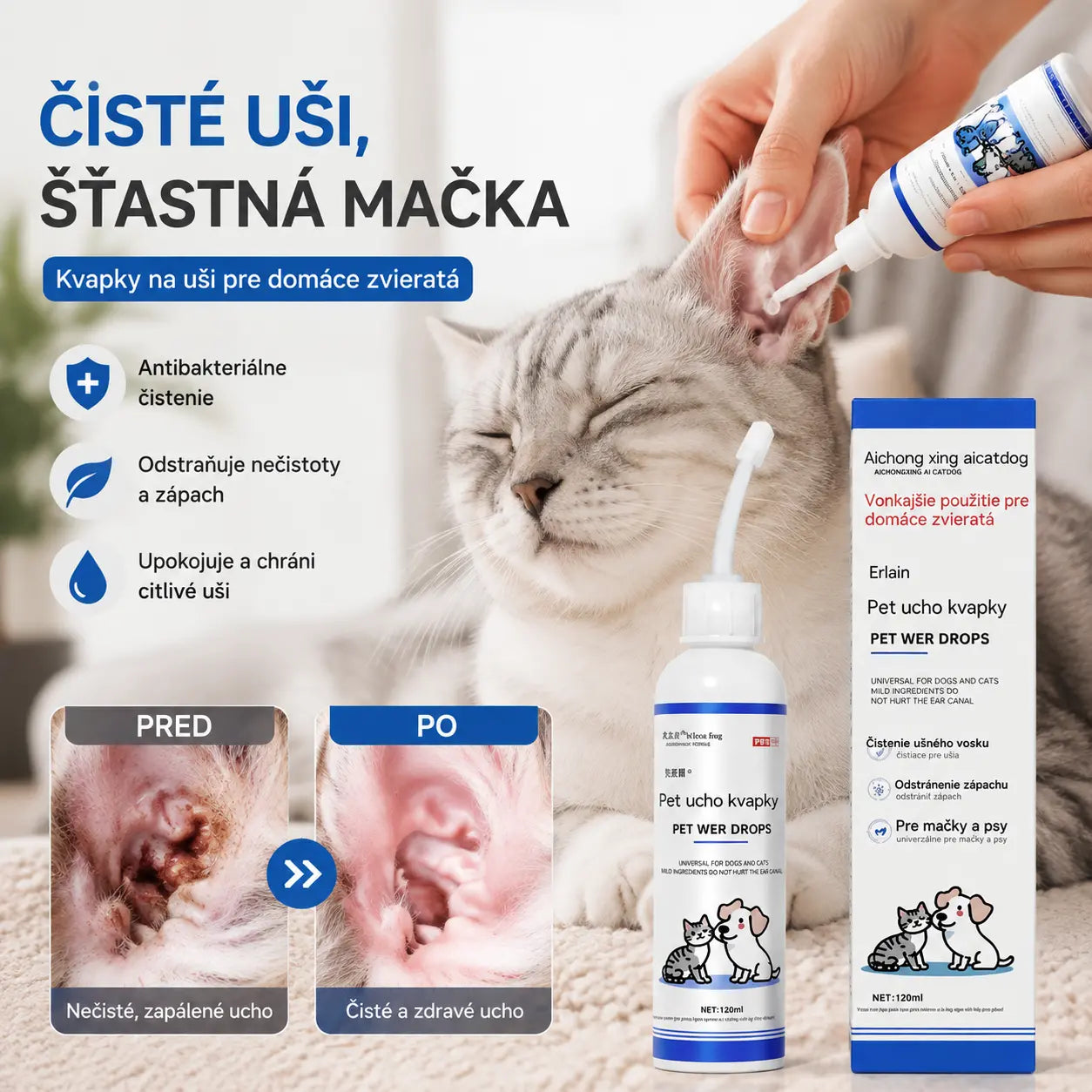 🐱🐶 Jemné kvapky na čistenie uší pre domáce zvieratá – Rozlúčte sa s ochoreniami vonkajšieho zvukovodu