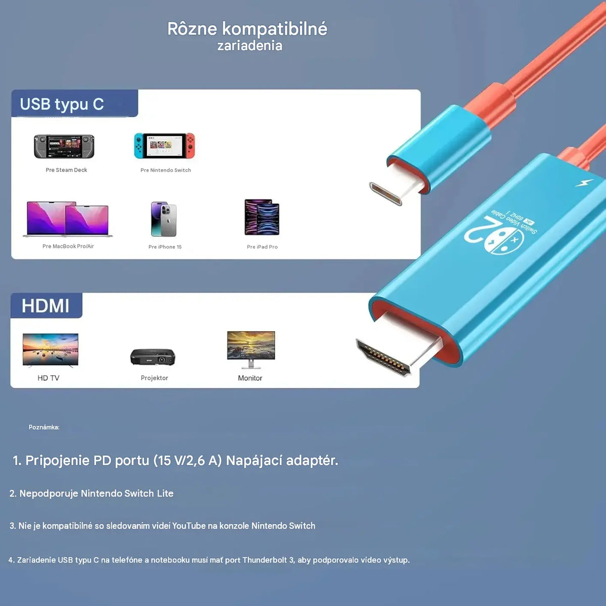 🔥 LIMITOVANÁ PONUKA: 50% zľava! 🔥 Adaptérový kábel USB-C na HDMI pre Switch