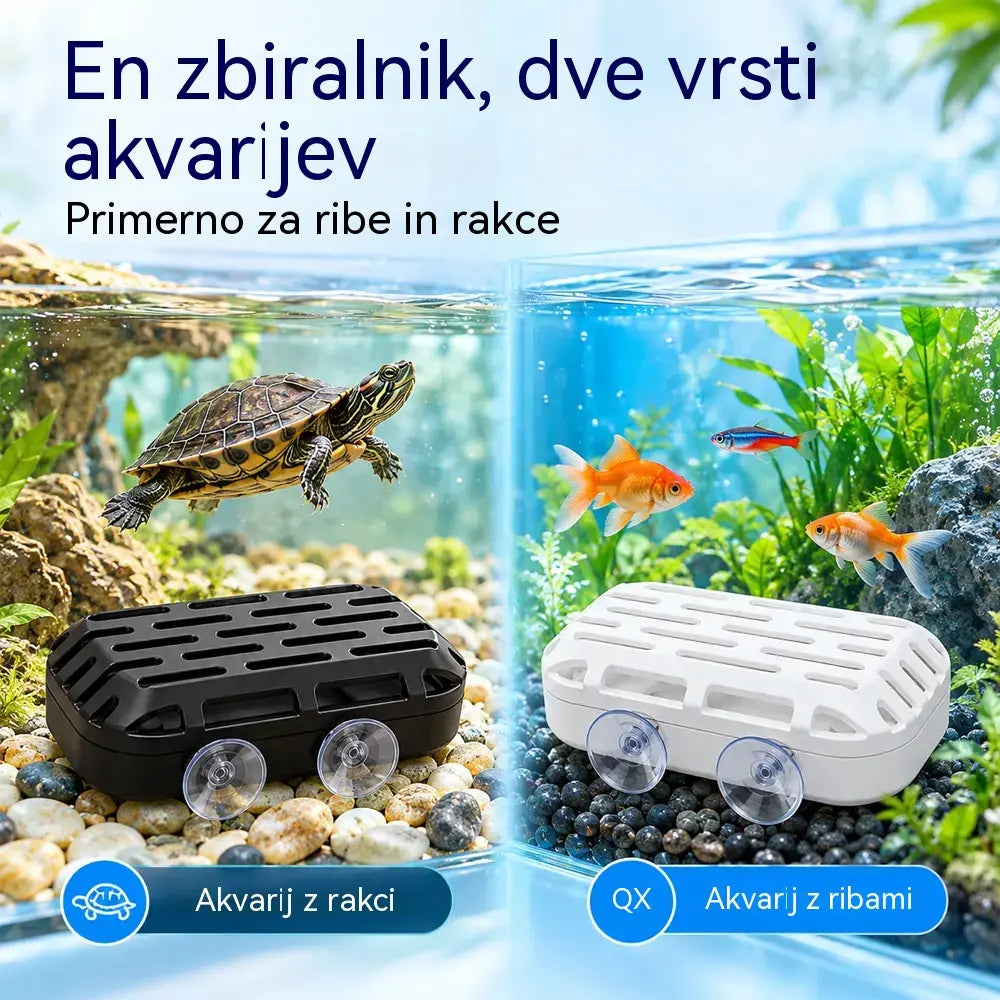 🐢 Zbiralnik akvarijskih in želvjih odpadkov · Gravitacijsko zbiranje · Dva priseska · Enostavno čiščenje!
