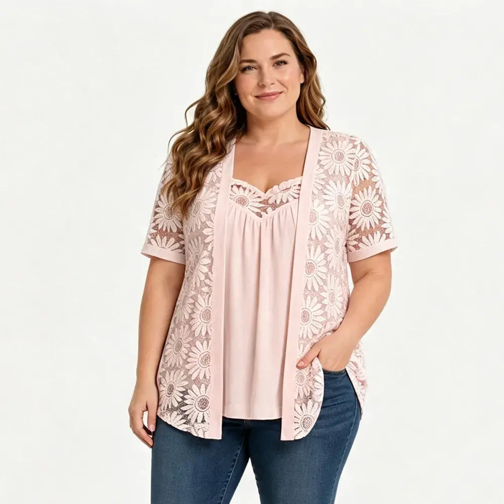 👚 Elegantné blúzky s efektom 2 v 1 s čipkou a sieťovinou – zoštíhľujúci strih proti brušku, 5 farieb, veľkosti S-4XL! 🌸✨