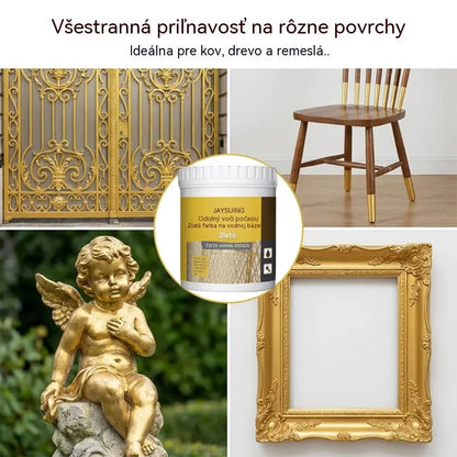 🔥🎨🏡Sada farieb s efektom zlatých lístkov – Vodou riediteľná metalická zlatá farba odolná voči poveternostným vplyvom, vrátane štetca, vhodná na nábytok, dekorácie a vonkajšie DIY.