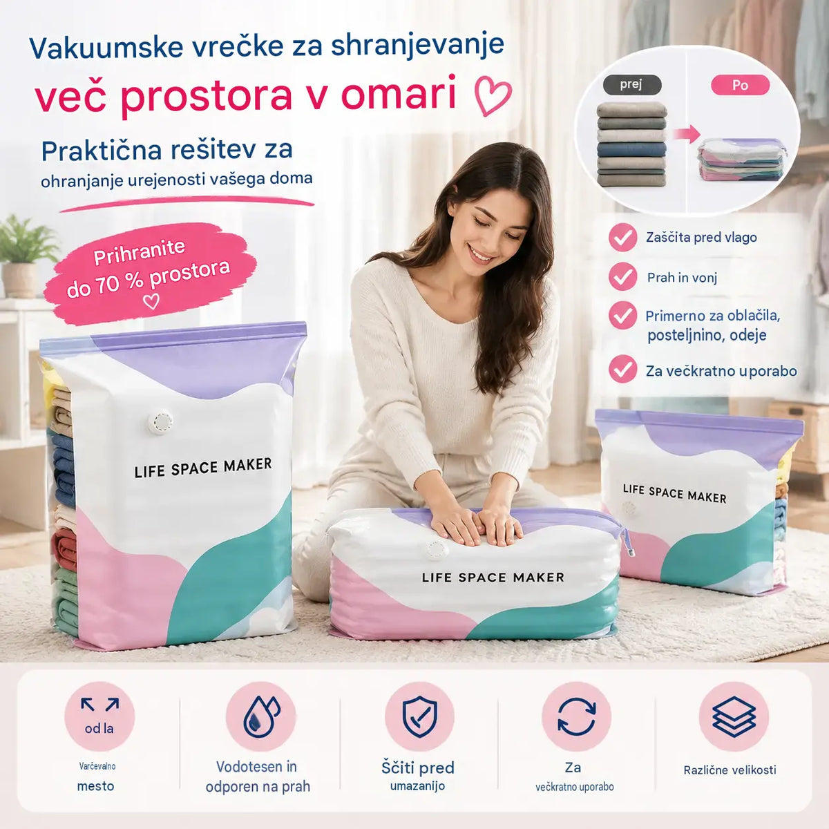 👕📦【5 kosov 26 €】Kompresijske vrečke za shranjevanje oblačil, brez potrebe po vakuumu, ojačana konstrukcija.