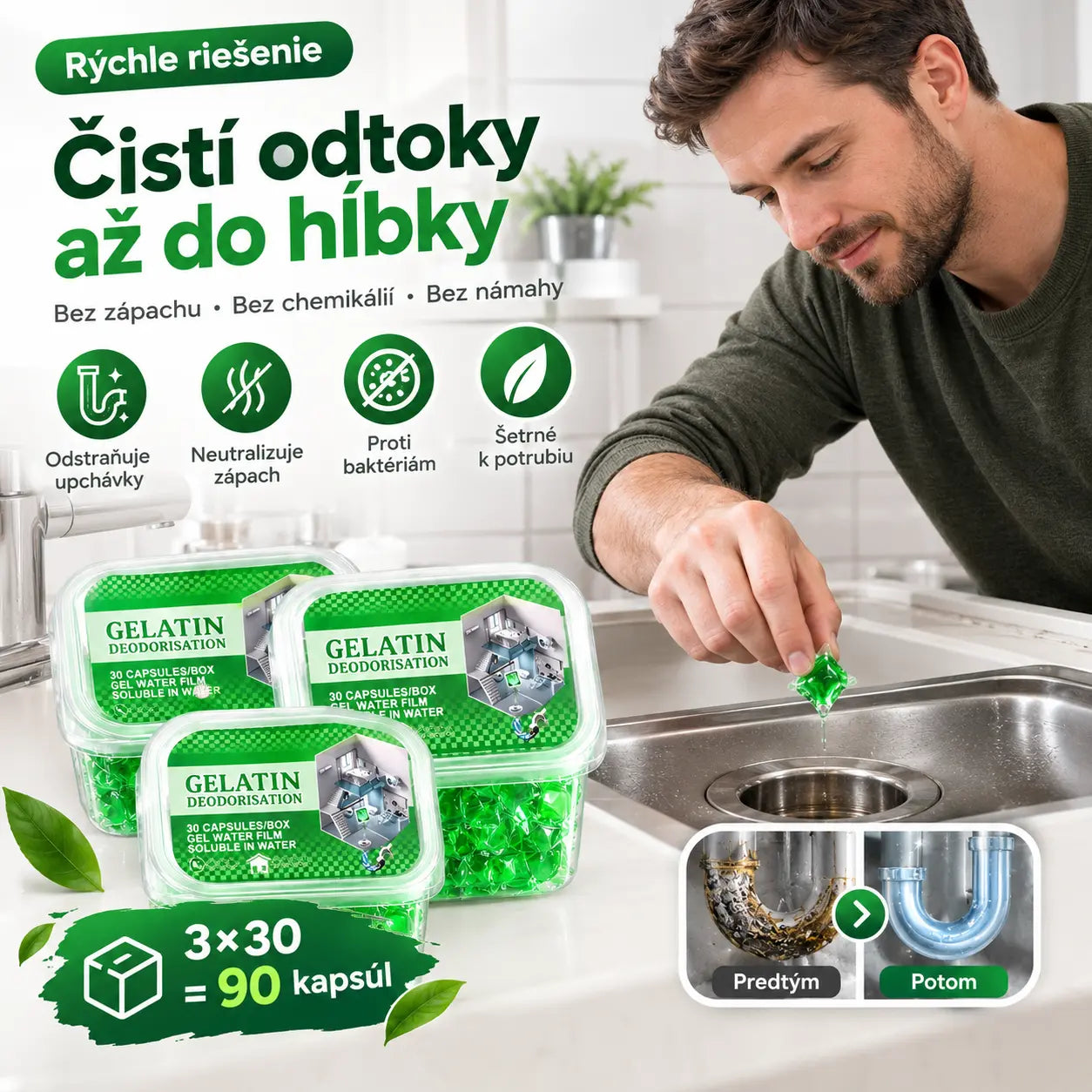 3 balenia (spolu 90 kapsúl) 🏠💧 Kapsule na dezodoráciu kanalizácie – Bioenzýmové zloženie neutralizuje zápach pri zdroji