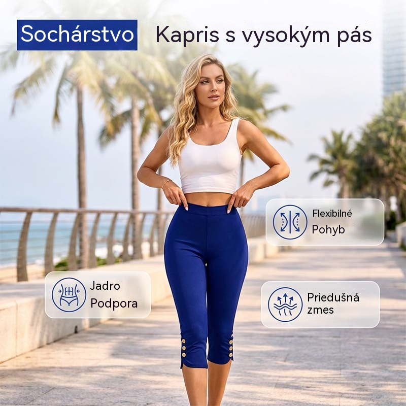 🌼Strečové capri nohavičky s reguláciou bruška – vysoký pás, streč do 4 smerov, elegantné detaily