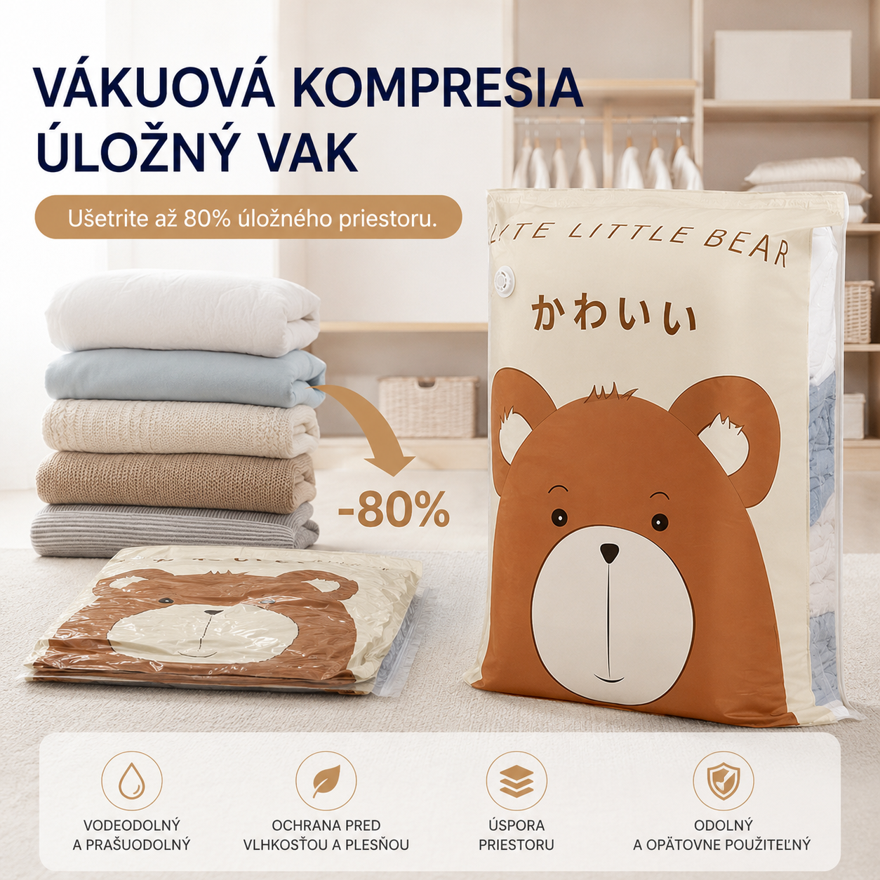 💞 Vákuové úložné vrecko (bez pumpičky) – Jednoducho stlačte pre zatvorenie, pumpička nie je potrebná. Ušetrí 80 % miesta a udrží oblečenie suché a bez prachu. Ideálne na uskladnenie ťažkej posteľnej bielizne a sezónneho oblečenia. 🛏️🗄️