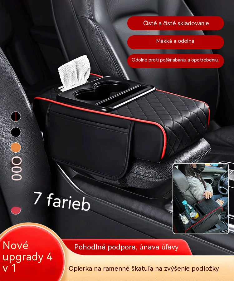 🚗Univerzálna kožená podložka na lakťovú opierku do auta 4 v 1 ✅ Vstavaná schránka na vreckovky ✅ Držiak pohára