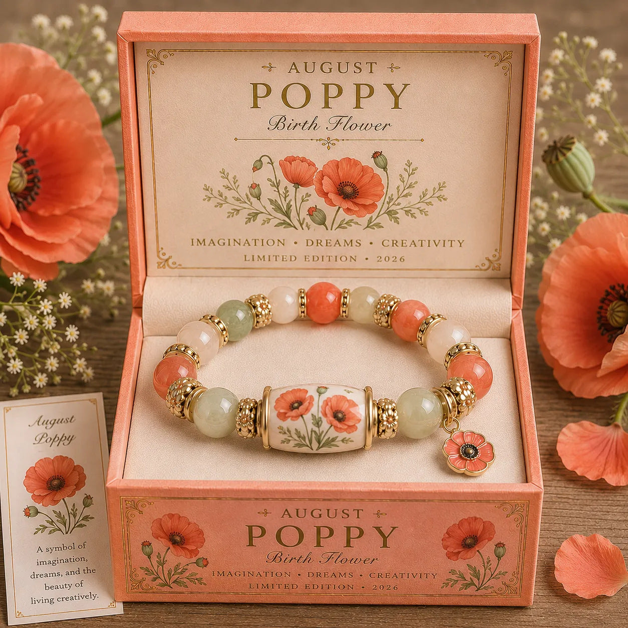 🔥【Kúp 1 a získaj 1 zadarmo】🎁✨Náramok s kvetmi k narodeninám v decembri, prívesok s kvapkou oleja z zliatiny a ružou v kombinácii s náramkom z chalcedónu🌸