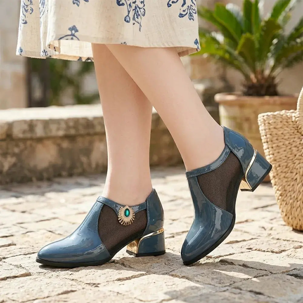 【35-40】👠✨Štýlové a elegantné dámske topánky z patchworkovej sieťoviny z kože s nízkym podpätkom 💃🌟