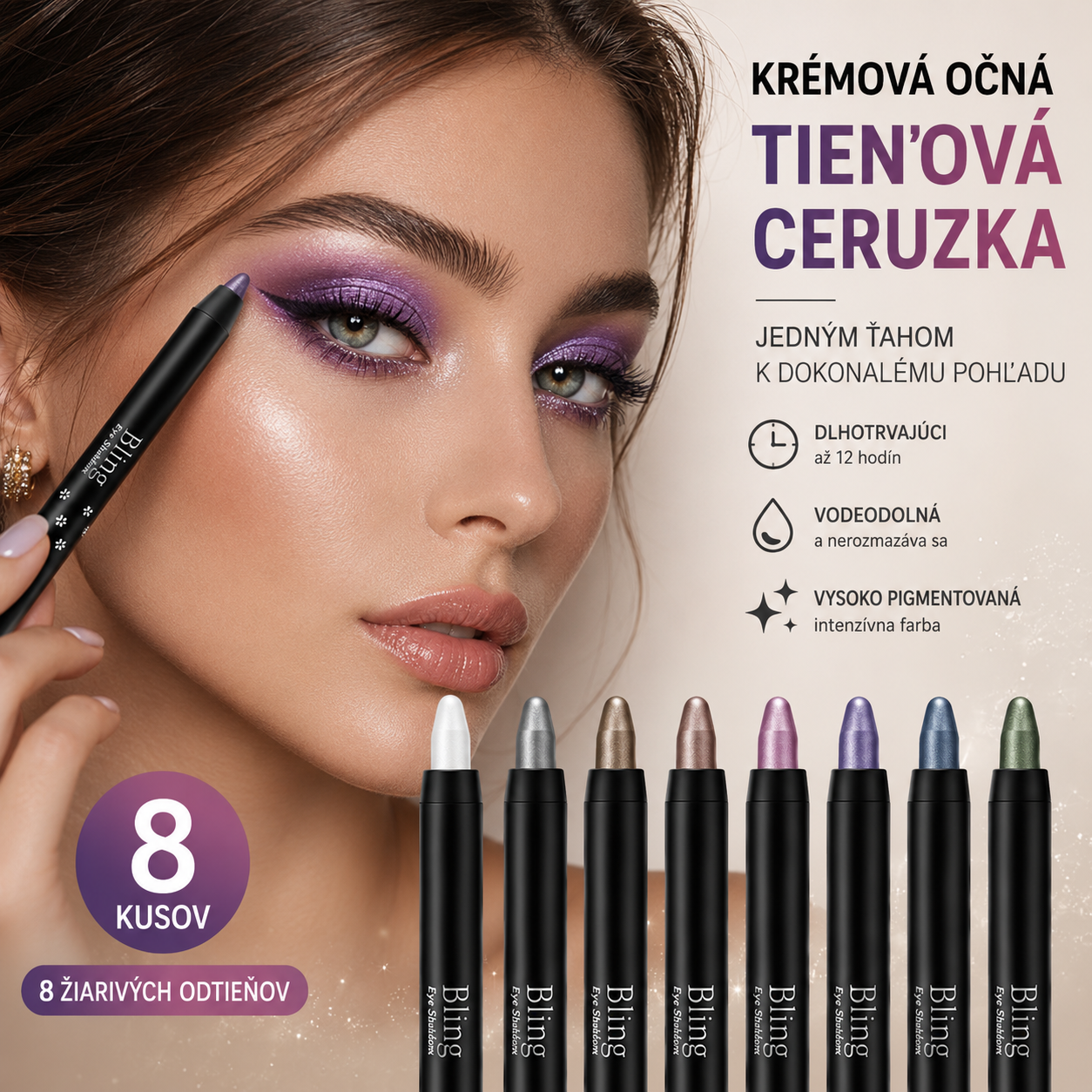 8 očných liniek s rozjasňovačom, vodeodolné trblietky