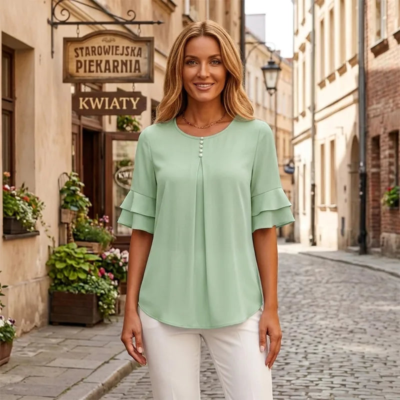 👕【S-3XL】Elegantná šifónová blúzka s volánikovými rukávmi, dámska | Ležérna kancelárska blúzka, zdobená ozdobnými gombíkmi, voľný a priedušný strih