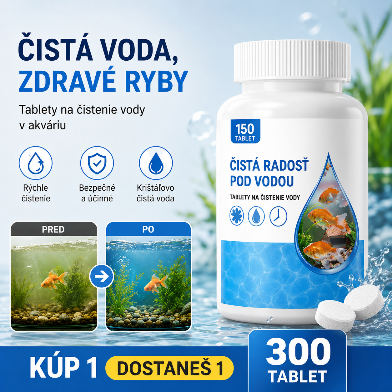 🐟【300 tabliet】💧 Šumivé tablety na čistenie akváriovej a jazierkovej vody, okysličovacie tablety do akvária 🔥