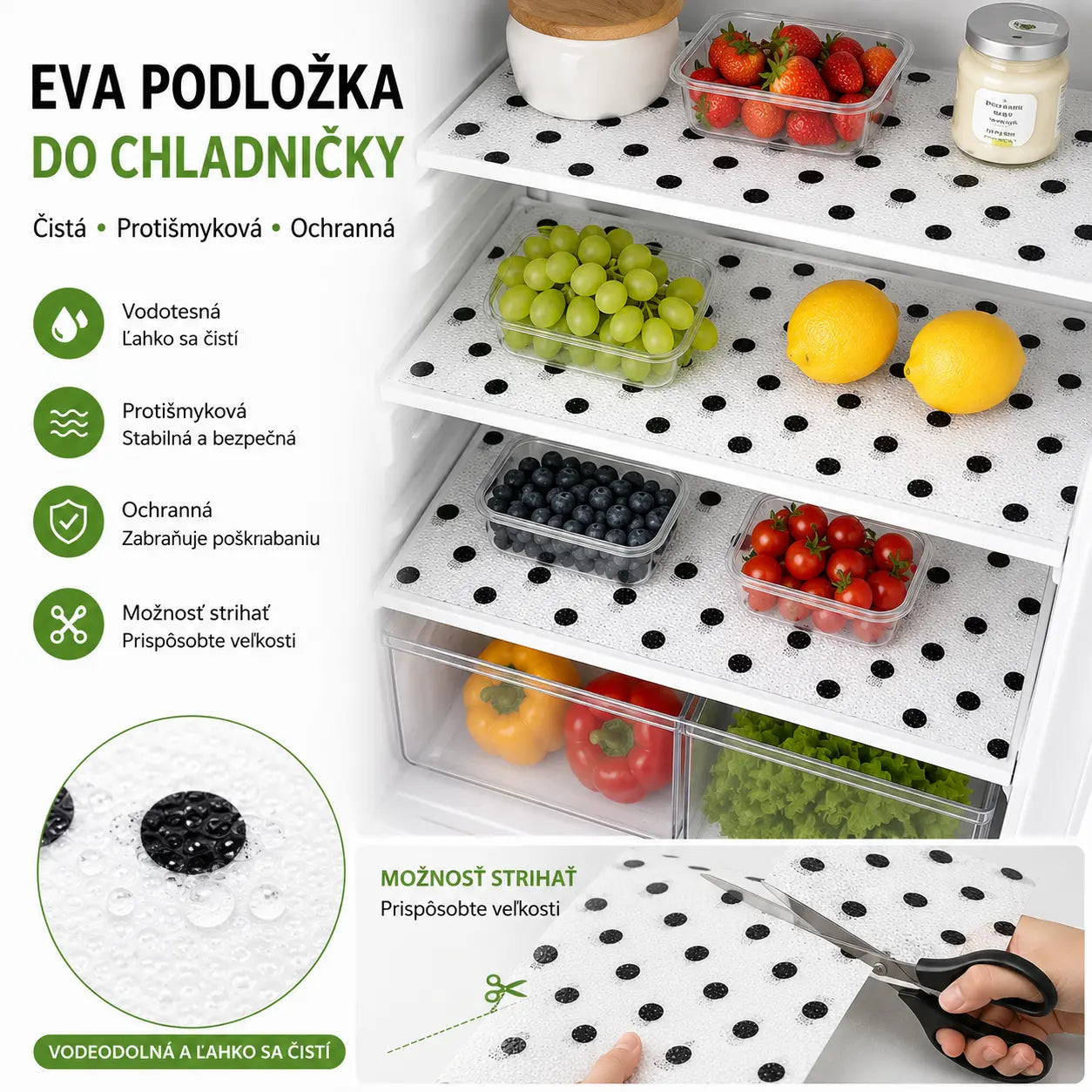 (8 listov) 45 cm * 29 cm 🧊 Vodotesná podložka do chladničky – protišmyková, ľahko sa čistí, bezpečná pre potraviny – udržiava police chladničky čerstvé a upratané ✨