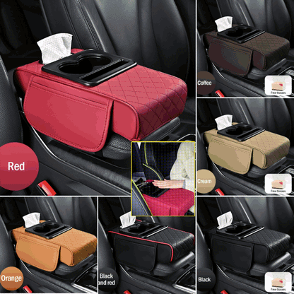 🚗Univerzálna kožená podložka na lakťovú opierku do auta 4 v 1 ✅ Vstavaná schránka na vreckovky ✅ Držiak pohára