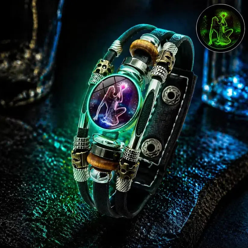 🌙 Luminiscenčný kožený náramok so zverokruhom – 3-vrstvový pletený, nastaviteľná dĺžka, unisex 💫✨