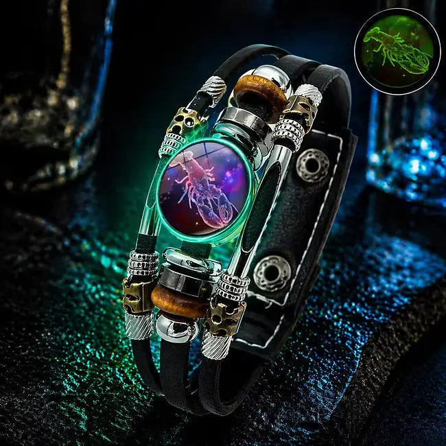 🌙 Luminiscenčný kožený náramok so zverokruhom – 3-vrstvový pletený, nastaviteľná dĺžka, unisex 💫✨