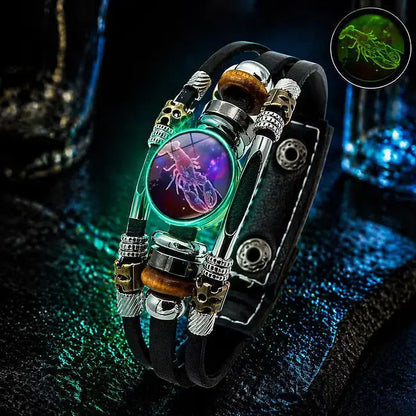 🌙 Luminiscenčný kožený náramok so zverokruhom – 3-vrstvový pletený, nastaviteľná dĺžka, unisex 💫✨